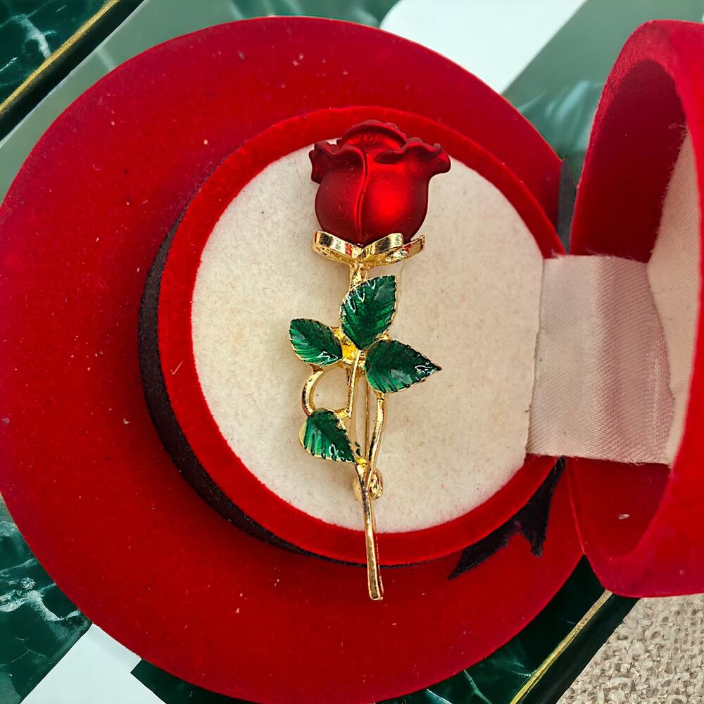 Red Rose Floral Gold-Tone 2.25" Brooch!